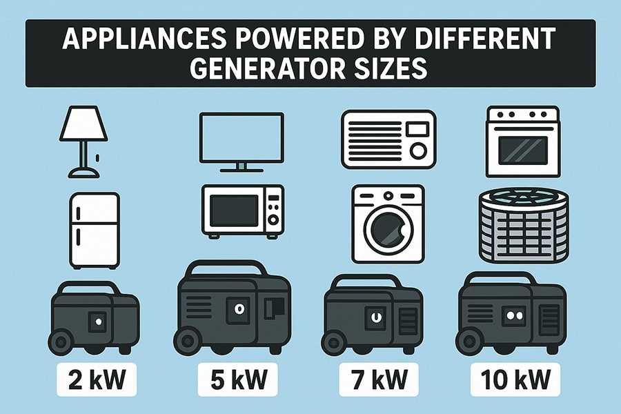 Diagram showing appliances powered by different generator sizes