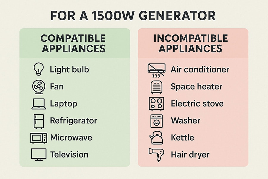 List of compatible and incompatible appliances for a 1500W generator