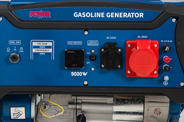 Close-up of the outlet panel on a 9000-watt generator