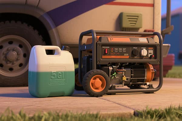 A 5-gallon gas can next to a portable generator
