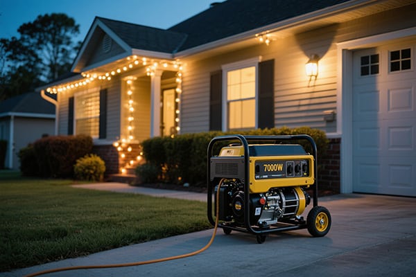 A 7000 watt generator running next to a house with lights on