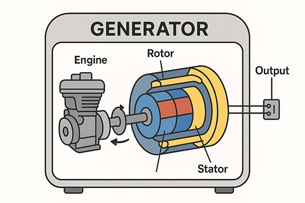 A cutaway diagram showing the engine and alternator inside a generator