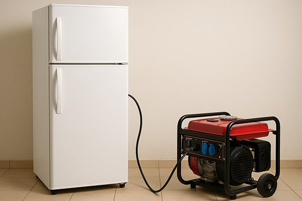 A refrigerator plugged into a small generator