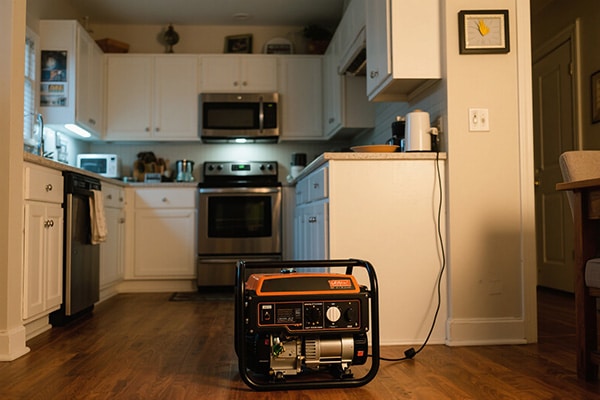 A portable generator running at night in a safe, outdoor location