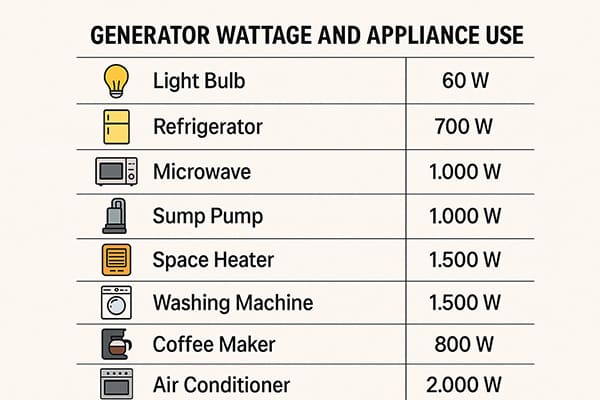 Chart of generator wattage and appliance use