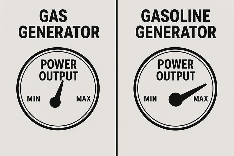 Comparing power output dials of gas and gasoline generators