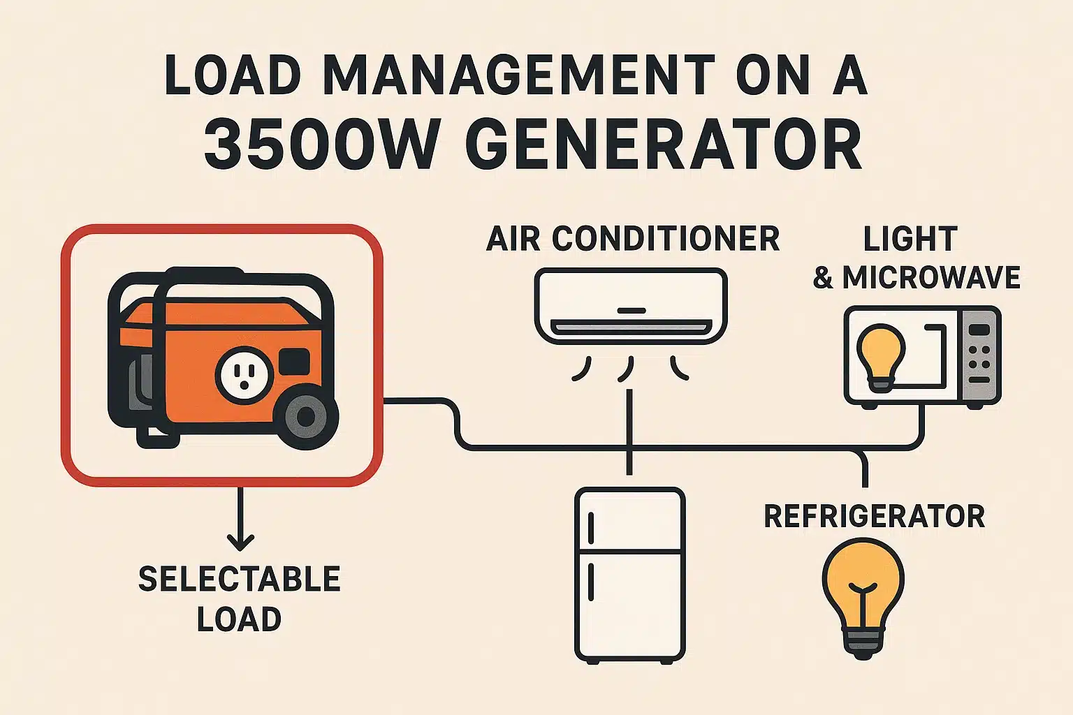 Diagram showing load management on a 3500W generator