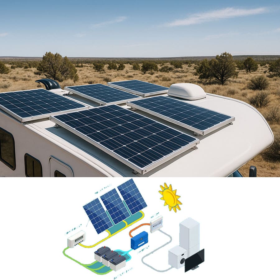 Close-up of solar panel cells on an RV