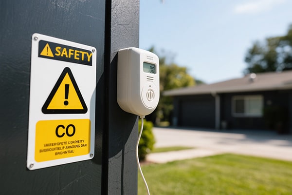 Safety warning signs and CO alarm near an outdoor generator setup