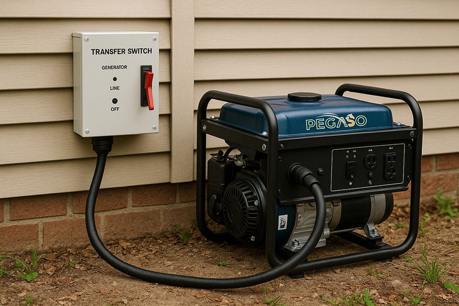 A transfer switch installed on the side of a house, connected to a generator