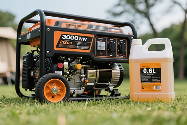 A 3000 watt portable generator with an arrow pointing to the oil fill cap