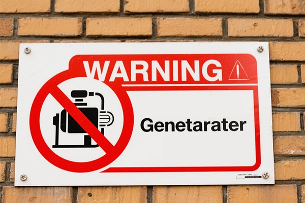 A large red warning sign prohibiting the use of a generator indoors
