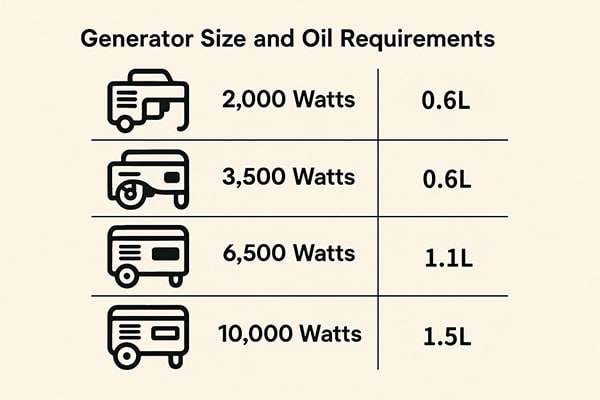 A chart showing different generator sizes and their oil requirements