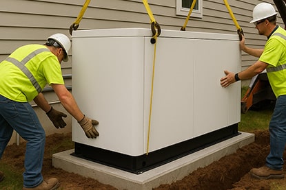 Natural gas generator being installed next to a building