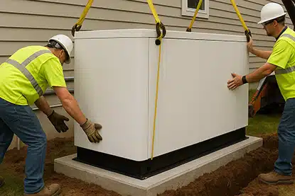 Natural gas generator being installed next to a building